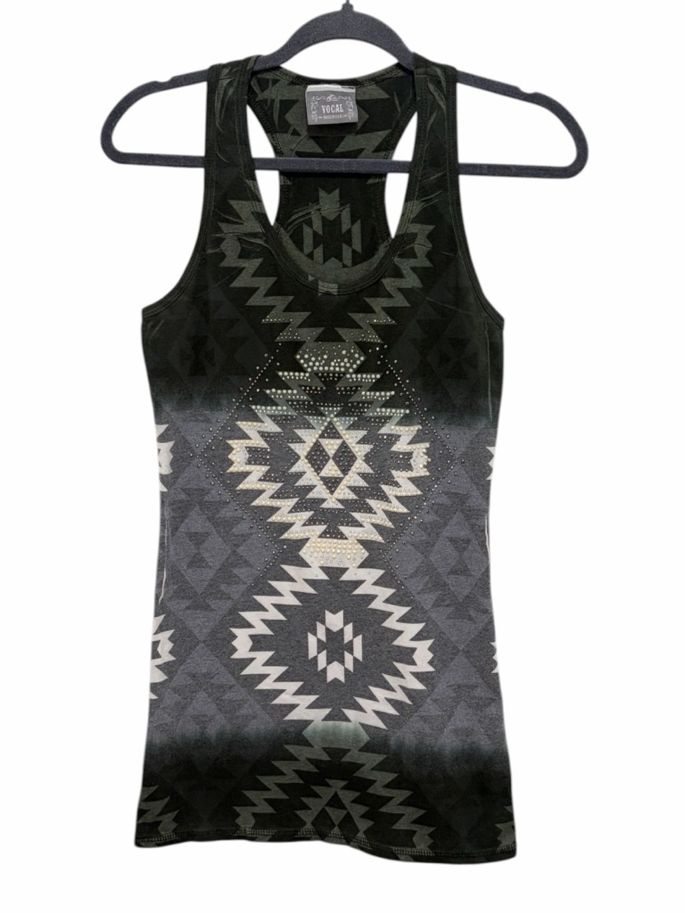 Be Vocal Army Green Black Grey Native Print Embellished Racerback Tank Top- Med